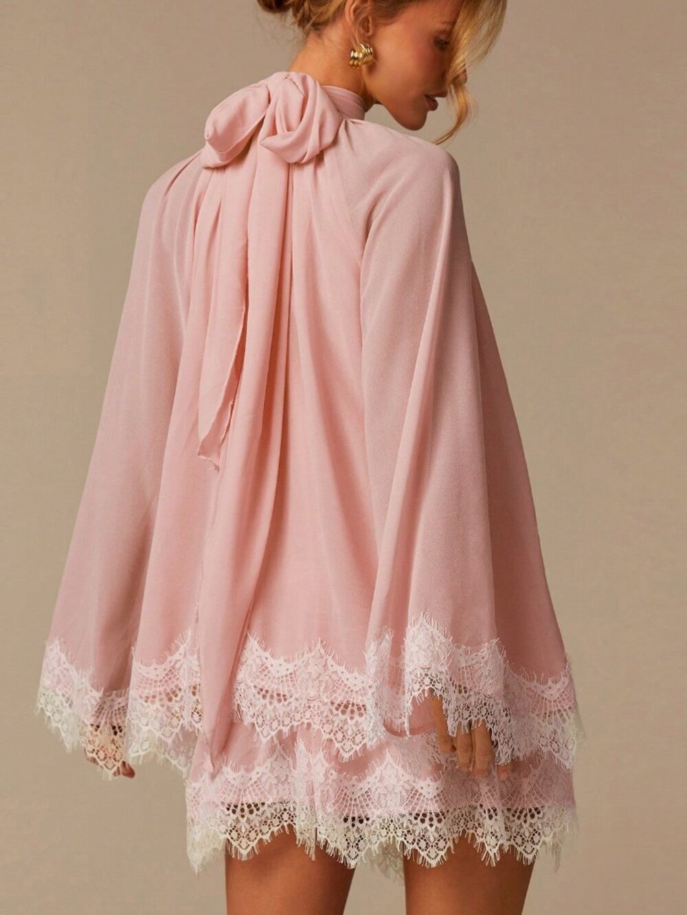 Pink Elegant Women's  tie neck Light Chiffon Mini Dress